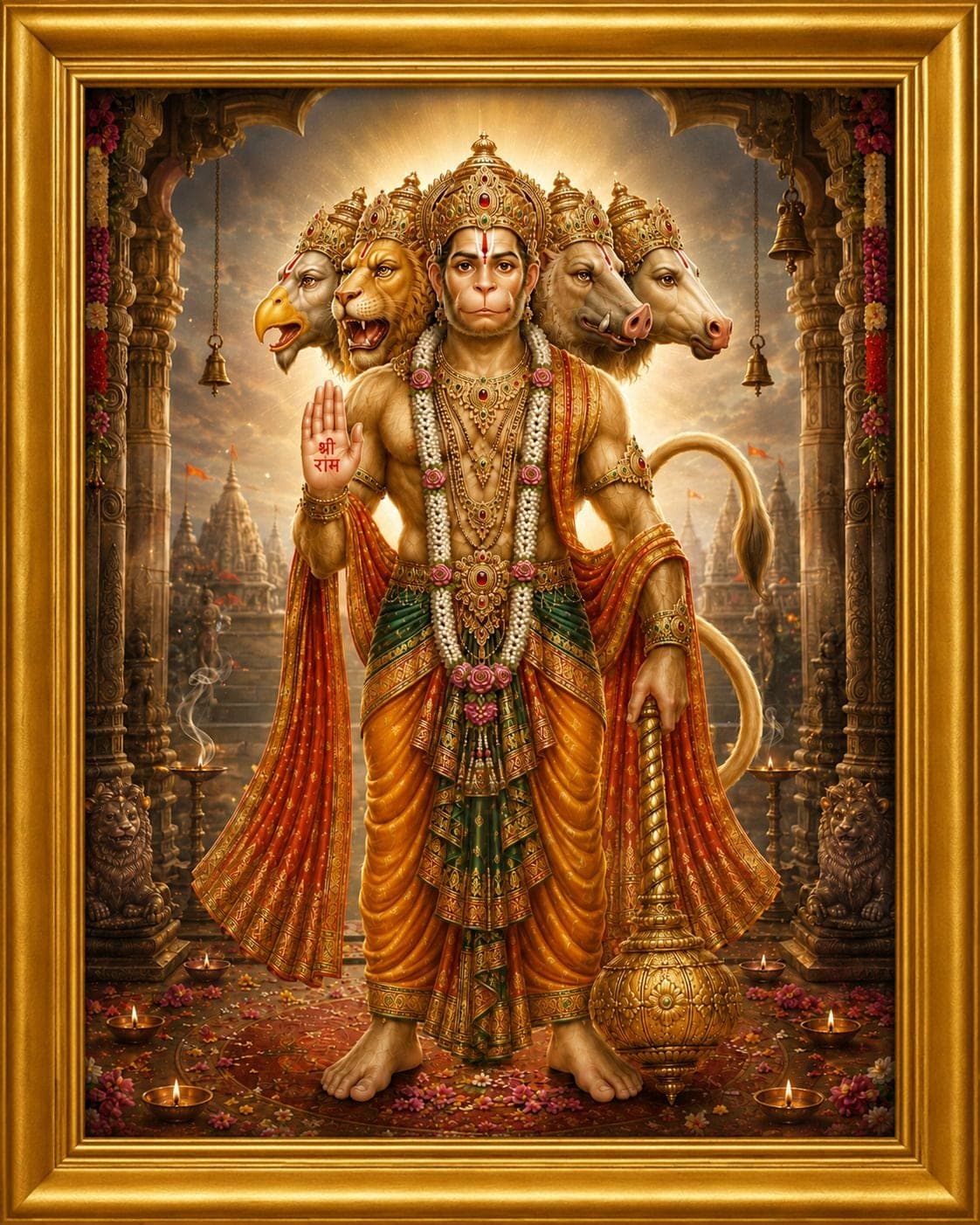 Panchmukhi Hanuman Gold Religious Frame for Pooja Room — 33x24 cm