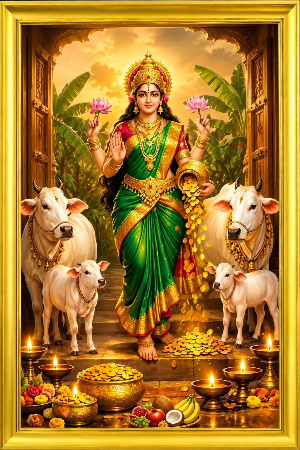 Divine Goddess Lakshmi Wall Painting with Cow & Calf — 24x19 cm
