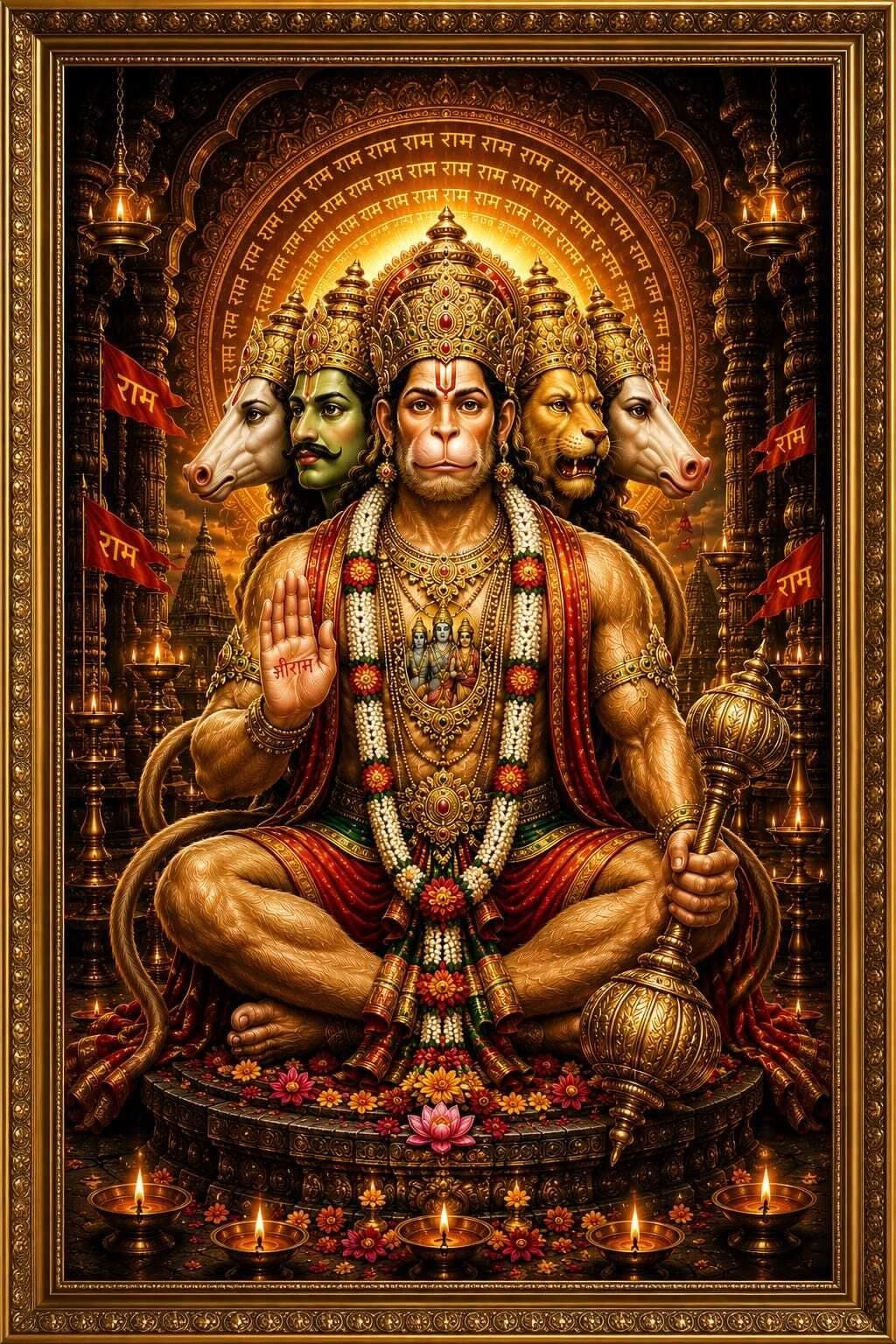 Panchmukhi Hanuman Ji Wall Frame mdf 24x36 Inch — 36x24 inch