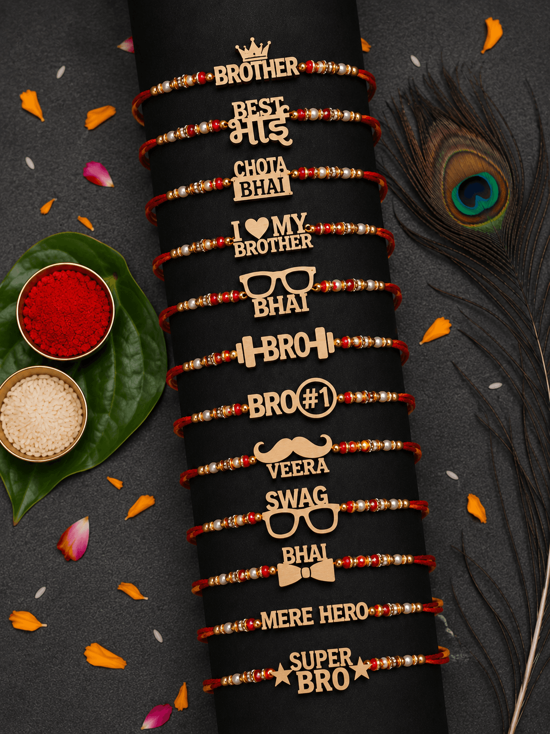 VCARTNOW MDF Wooden Designer Rakhi for Brother | Set of 12 Stylish Rakhi with Brother, Best Bhai, Chota Bhai, Bro, Veera, Swag & Super Bro Designs | Raksha Bandhan Rakhi Set for Brothers