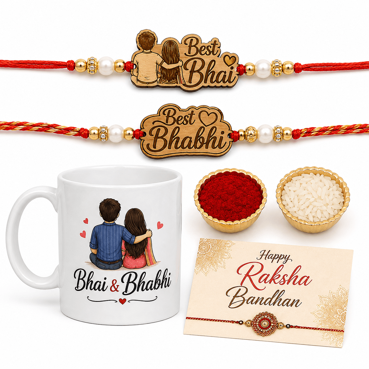 Bhai Bhabhi Rakhi Gift Set with MDF Rakhi Pair, Printed Ceramic Mug, Roli Chawal & Raksha Bandhan Greeting Card | Rakhi Combo Gift for Bhaiya Bhabhi